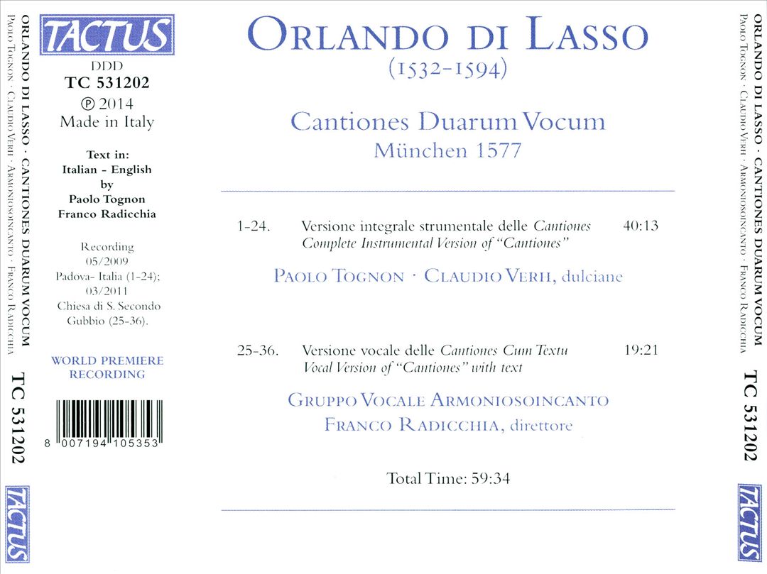 Orlando di Lasso: Cantiones Duarum Vocum, München 1577 cover art
