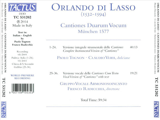 Orlando di Lasso: Cantiones Duarum Vocum, München 1577 cover art
