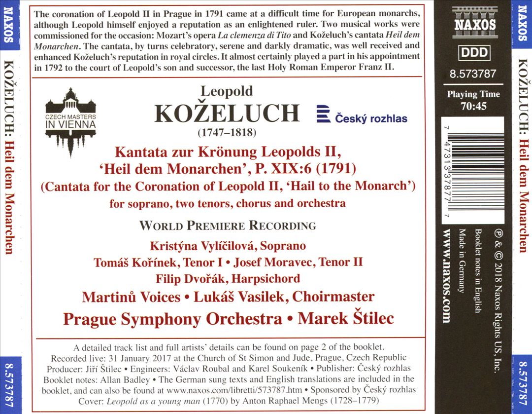 Leopold Koželuch: Cantata for the Coronation of Leopold II; 'Hail to the Monarch' cover art