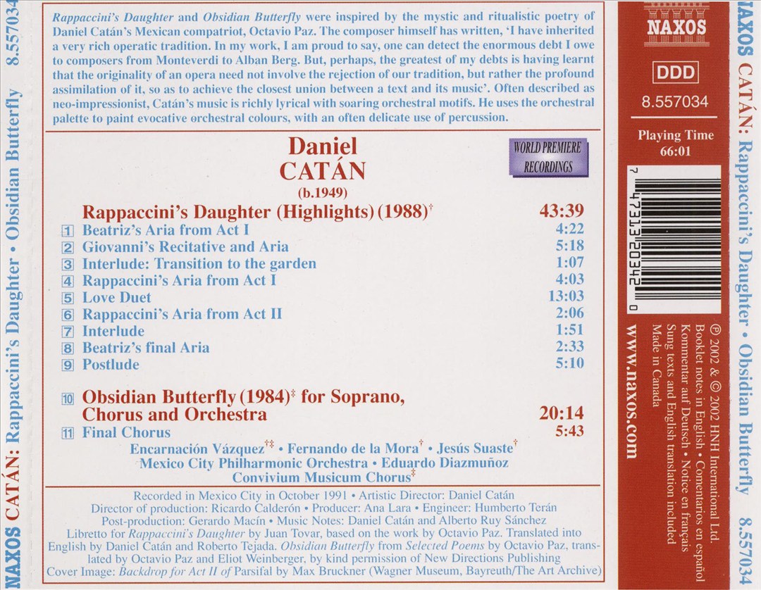 Catán: Rappaccini's Daughter (Opera Highlights); Obsidian Butterfly cover art