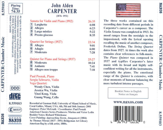 John Alden Carpenter: Sonata for Violin and Piano; String quartet; Piano Quintet cover art