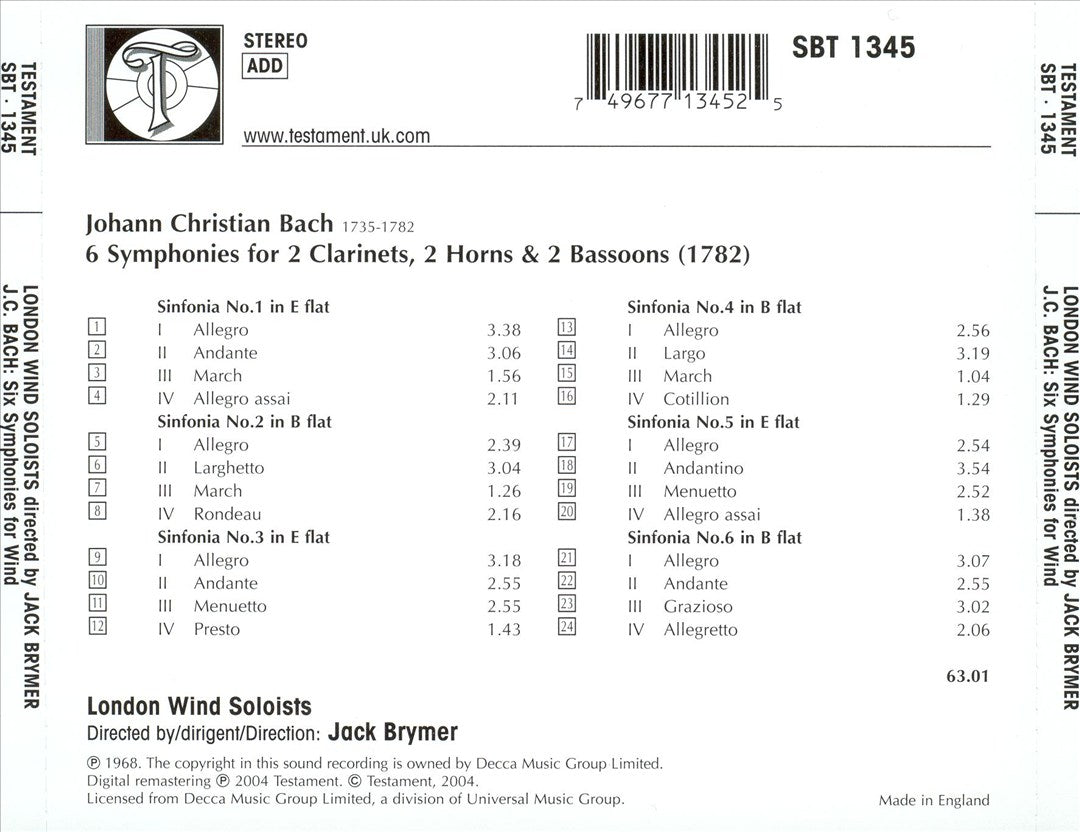 Johann Christian Bach: Six Symphonies for Wind cover art