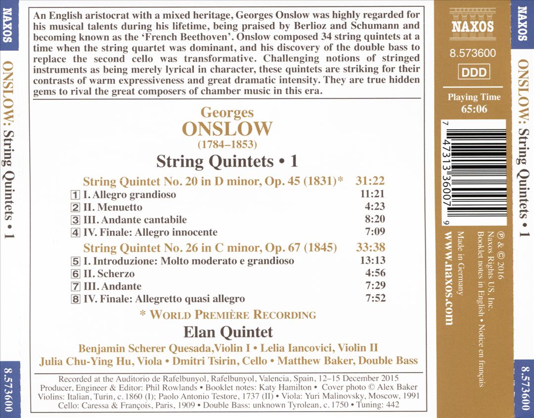 Georges Onslow: String Quintets, Vol. 1 - Nos. 20 and 26 cover art