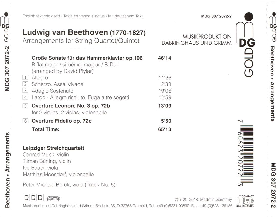 Beethoven: Sonata Op. 106 (Hammerklavier); Overture Leonore No. 3; Overture Fidelio (arranged for String Quartet) cover art
