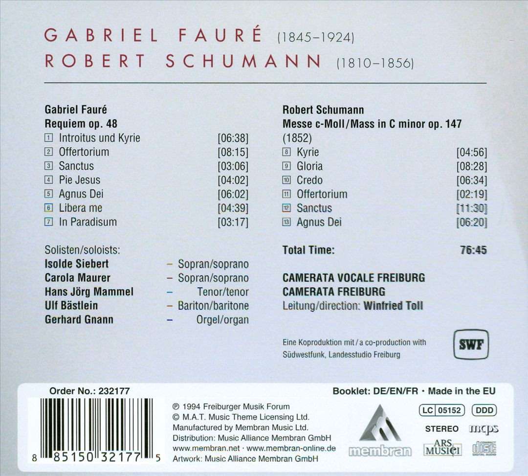 Fauré: Requiem; Schumann: Mass in C minor cover art