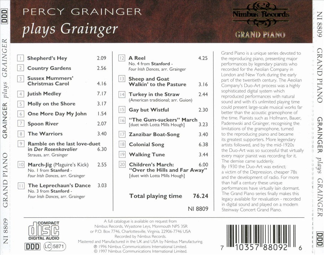 Percy Grainger plays Grainger [Nimbus] cover art