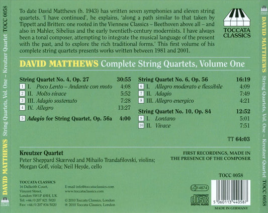 David Matthews: Complete String Quartets Vol. 1 cover art