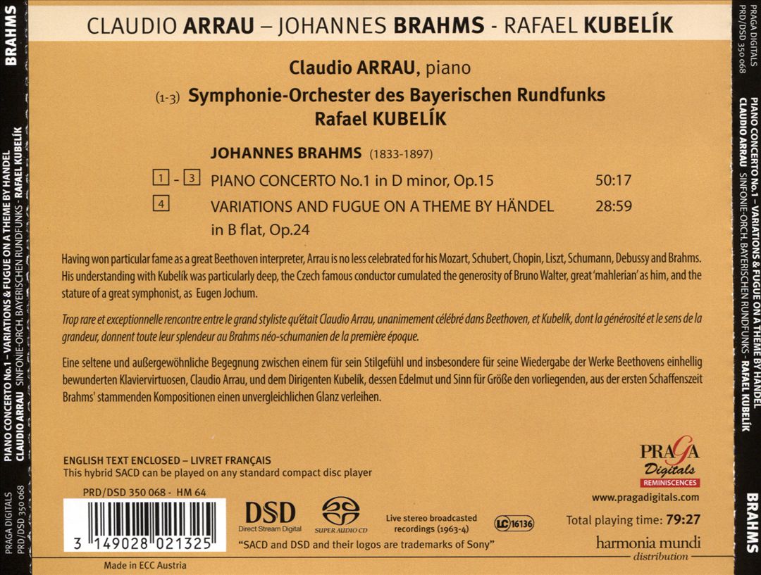 Claudio Arrau plays Johannes Brahms - Piano Concerto No. 1; Variations and Fugue on a theme by Haendel cover art