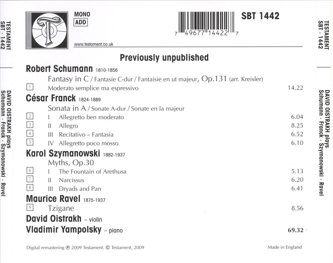 David Oistrakh Plays Schumann, Franck, Szymanowski, Ravel cover art