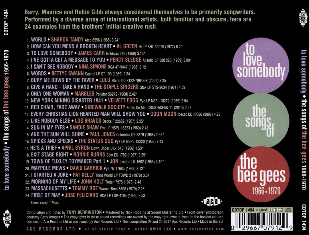 To Love Somebody: The Songs of the Bee Gees 1966-1970 cover art