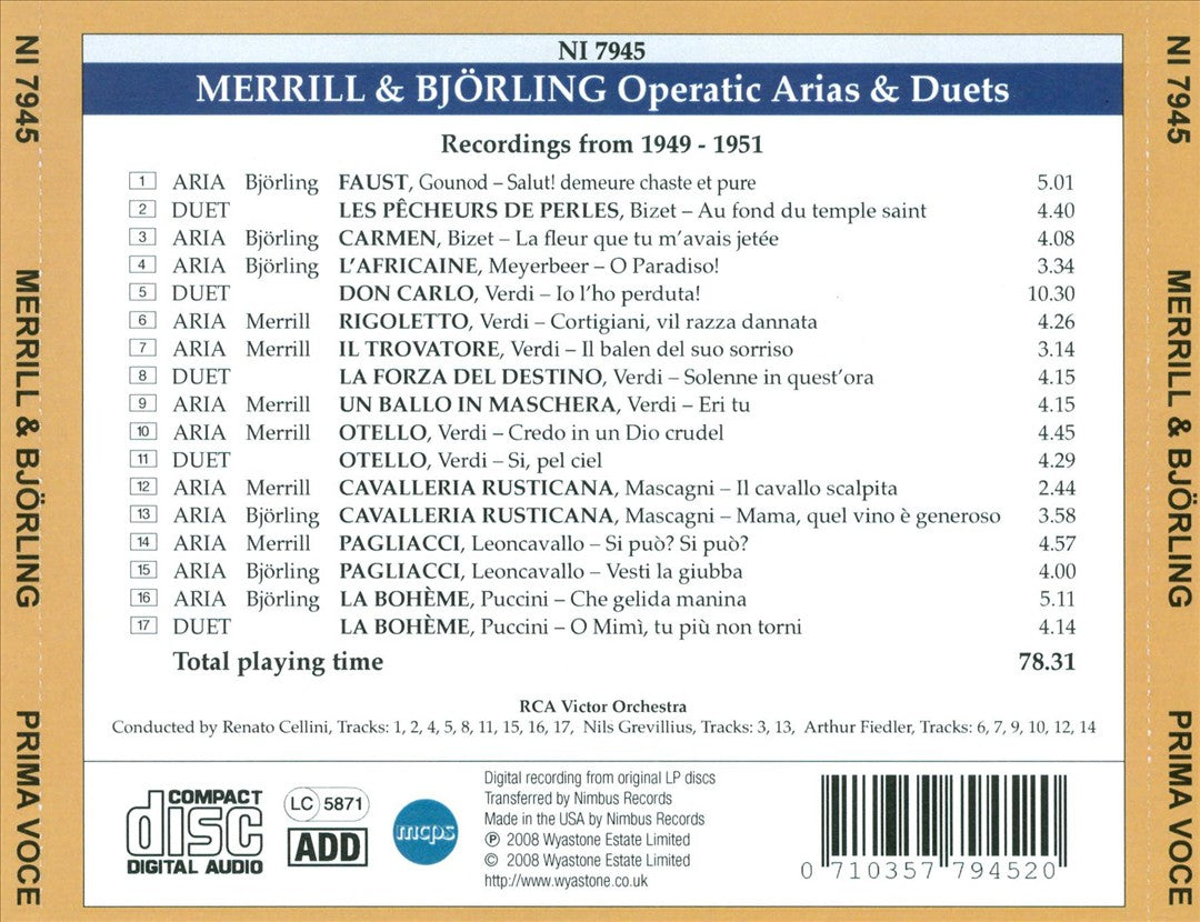 Prima Voce: Merrill & Björling sing Operatic Arias & Duets cover art