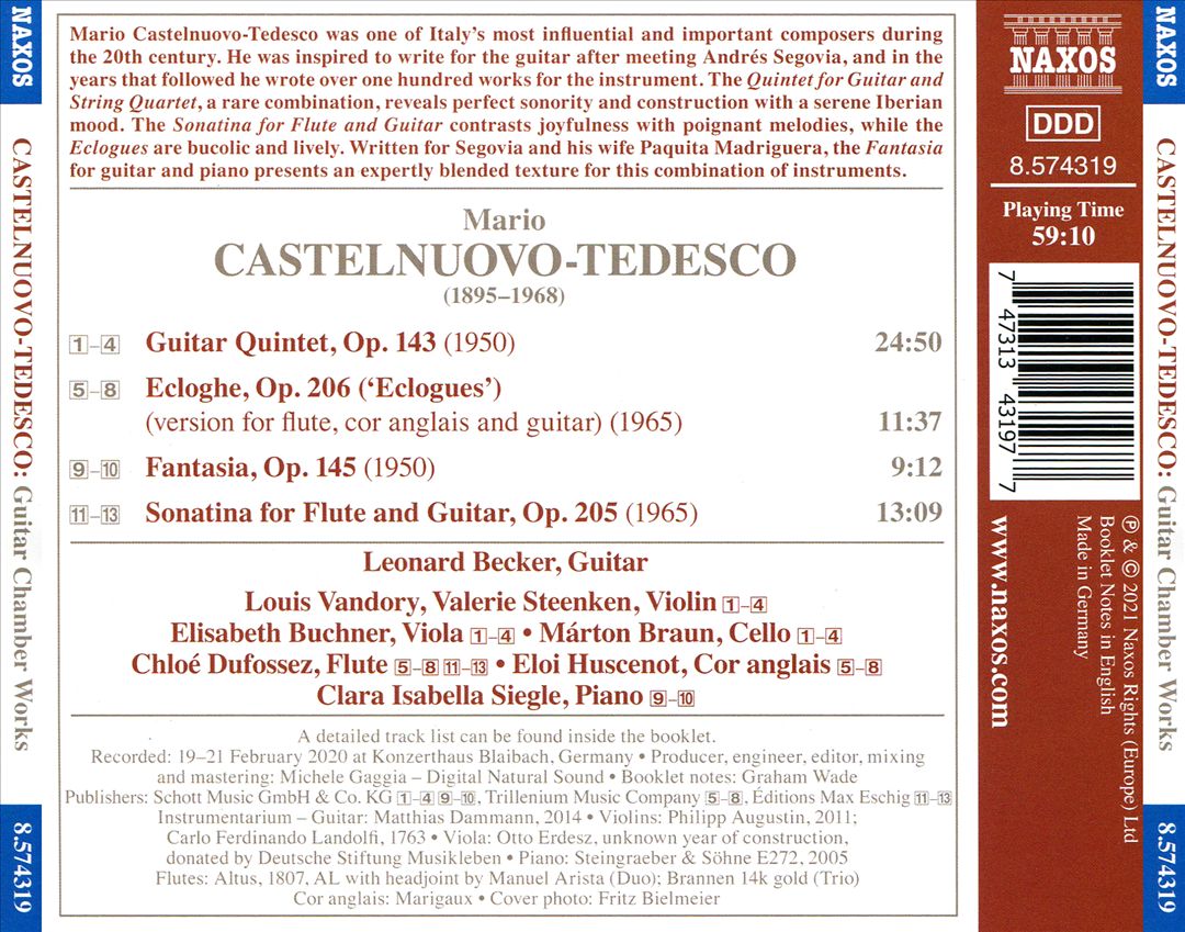 Castelnuovo-Tedesco: Guitar Quintet; Fantasia; Eclogues; Sonatina for Flute and Guitar cover art