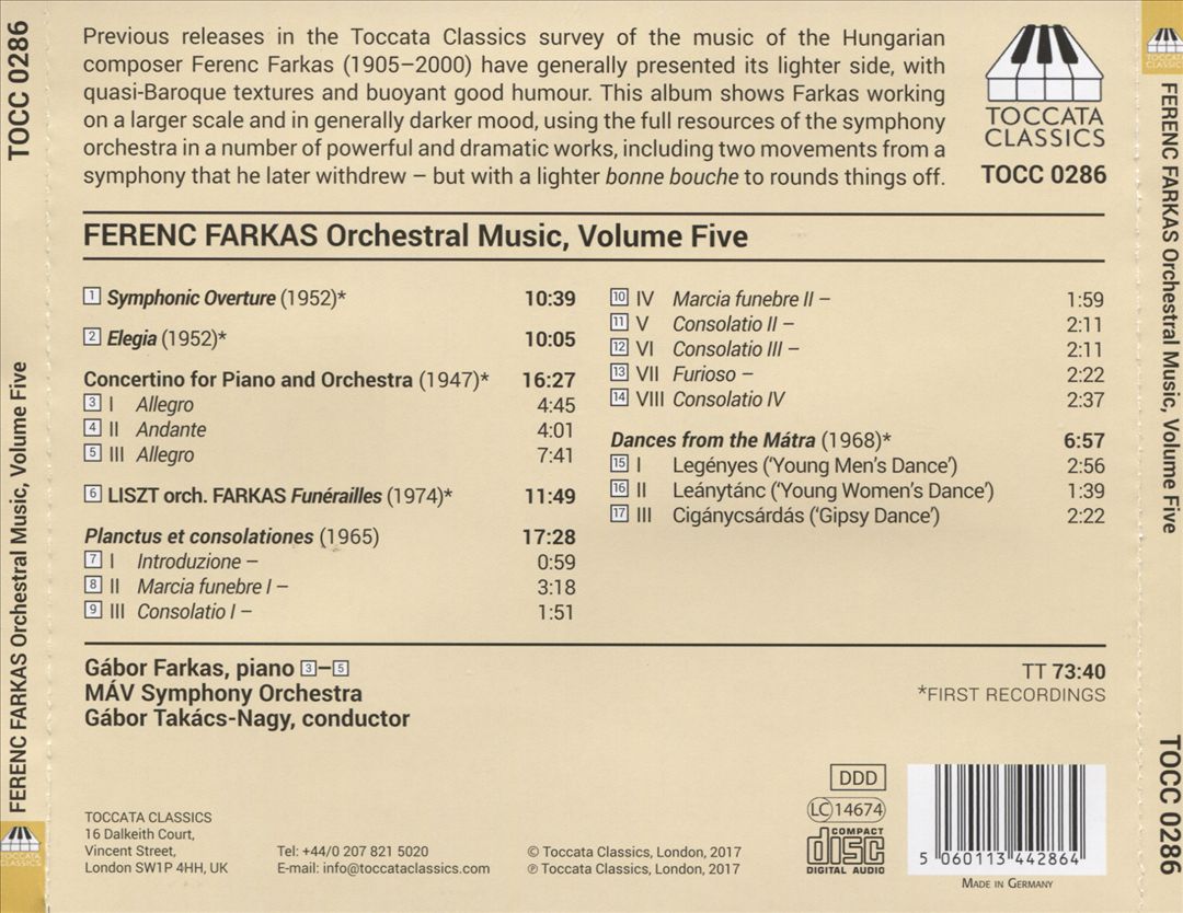 Ferenc Farkas: Orchestral Music, Vol. 5 - Music for Symphony Orchestra cover art