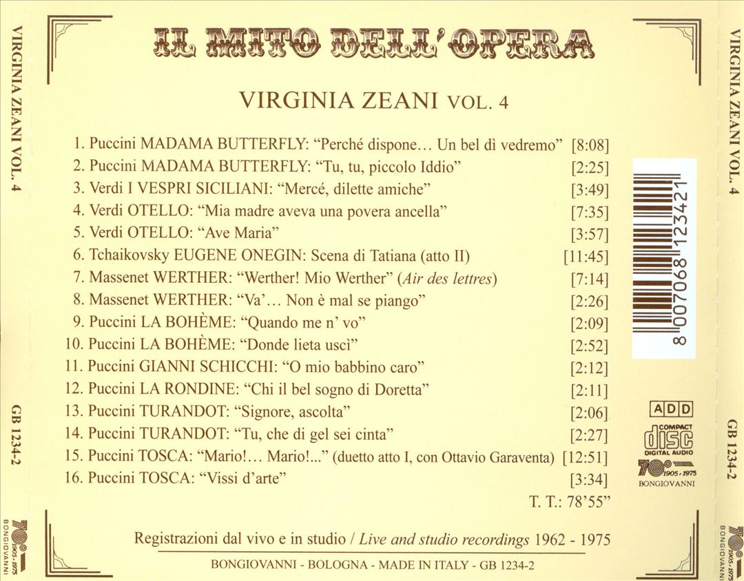 Mito dell'Opera: Virginia Zeani, Vol. 4 cover art
