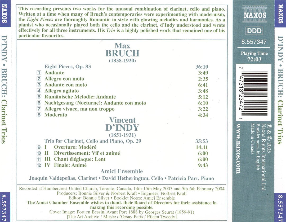 Sigismondo D'Indy: Trio for Clarinet, Cello and Piano; Bruch: Eight Pieces, Op. 83 cover art