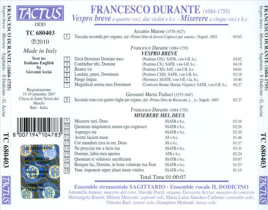 Francesco Durante: Vespro breve; Miserere cover art