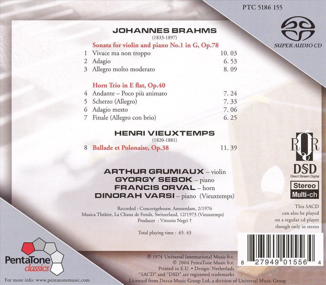 Brahms: Violin Sonata No. 1, Op. 78; Horn Trio, Op. 40; Vieuxtemps: Ballade et polonaise, Op. 38  cover art