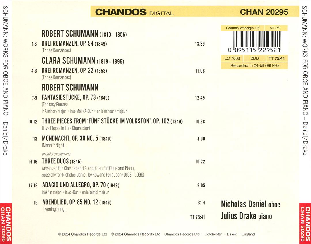 Robert & Clara Schumann: Works for Oboe & Piano cover art