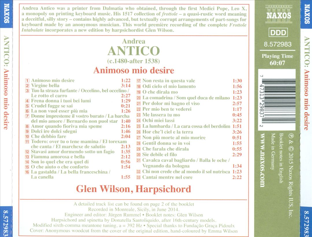 Andrea Antico: Animoso mio desire cover art