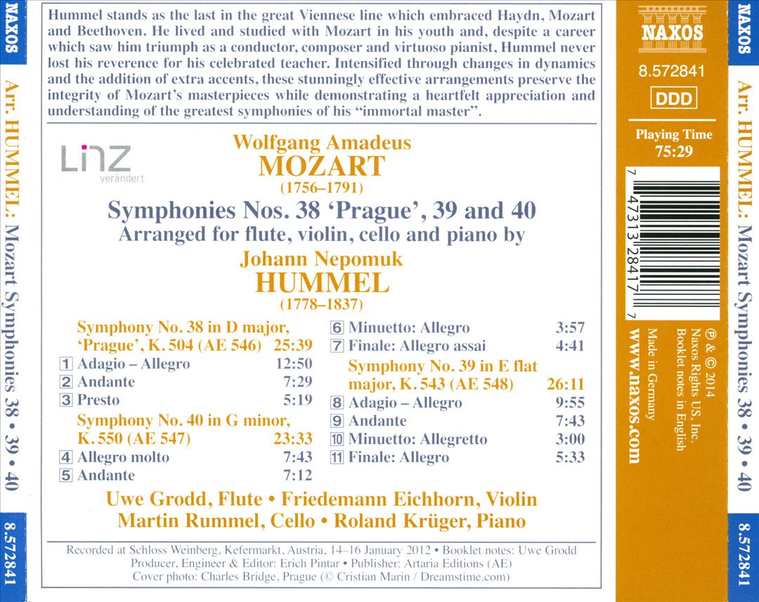 Mozart: Symphonies Nos. 38-40 (arranged by Hummel) cover art