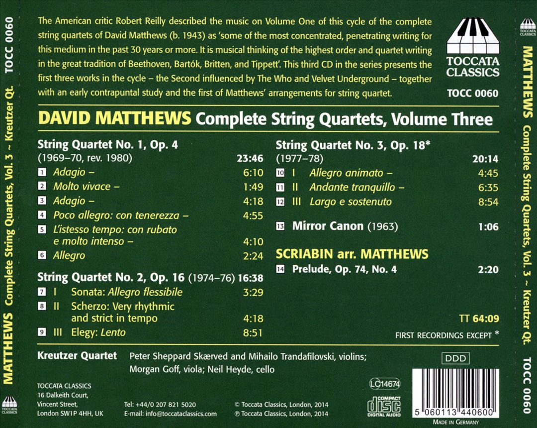 David Matthews: Complete String Quartets, Vol. 3 cover art