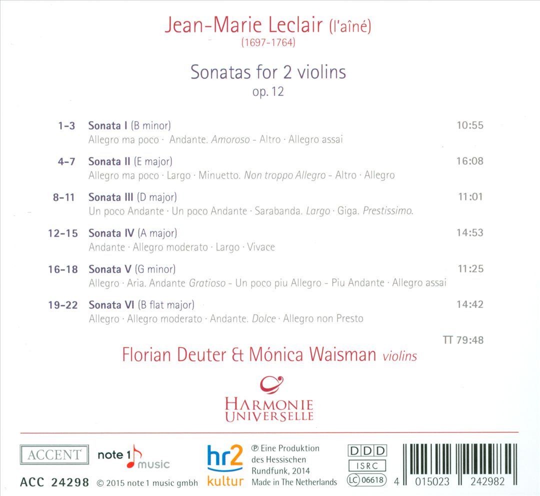 Jean-Marie Leclair: Sonatas for 2 Violins Op. 12 cover art