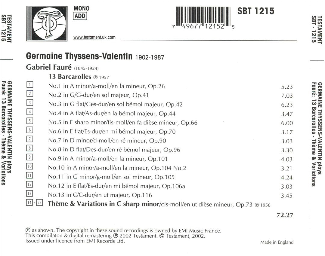 Fauré: 13 Barcarolles; Thème & Variations cover art