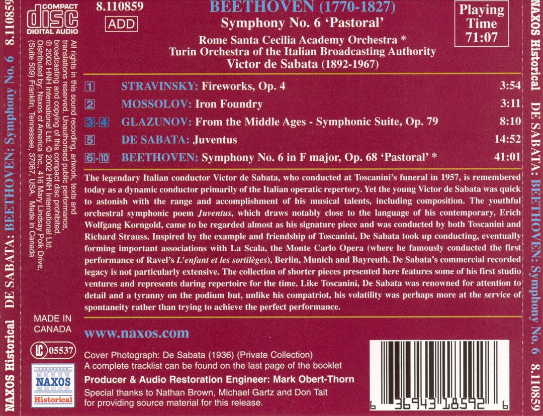 De Sabata Conducts Beethoven's Symphony No. 6 and Works by Stravinsky, Mossolov, De Sabata & Glazunov cover art