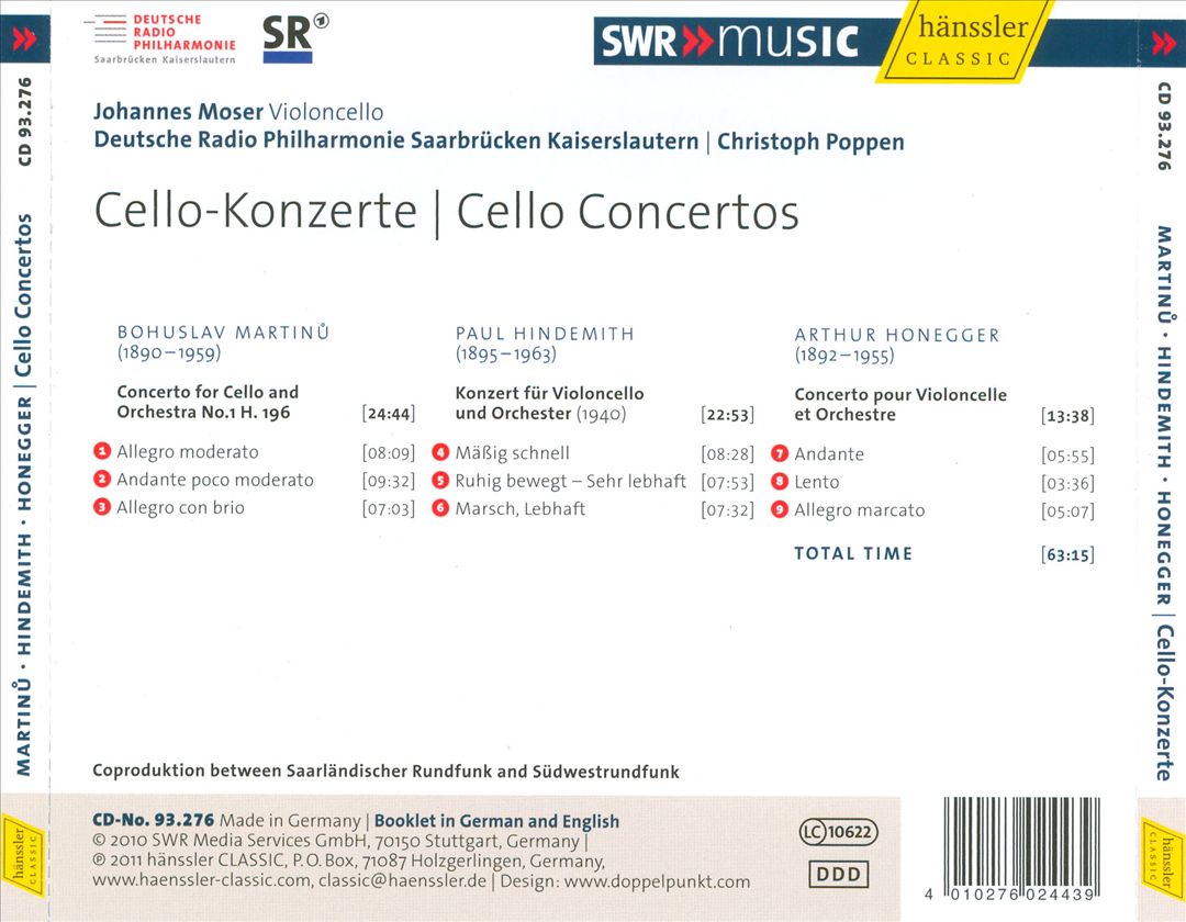 Martinu, Hindemith, Honegger: Cello Concertos cover art