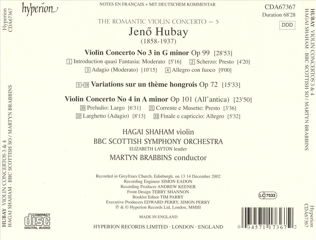 Jeno Hubay: Violin Concerto No. 3; Violin Concerto No. 4; Variations sur un thème hongrois cover art
