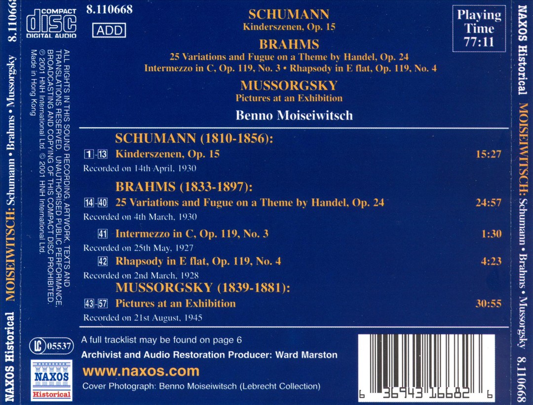 Moiseiwitsch plays Schumann, Brahms, Mussorgsky cover art