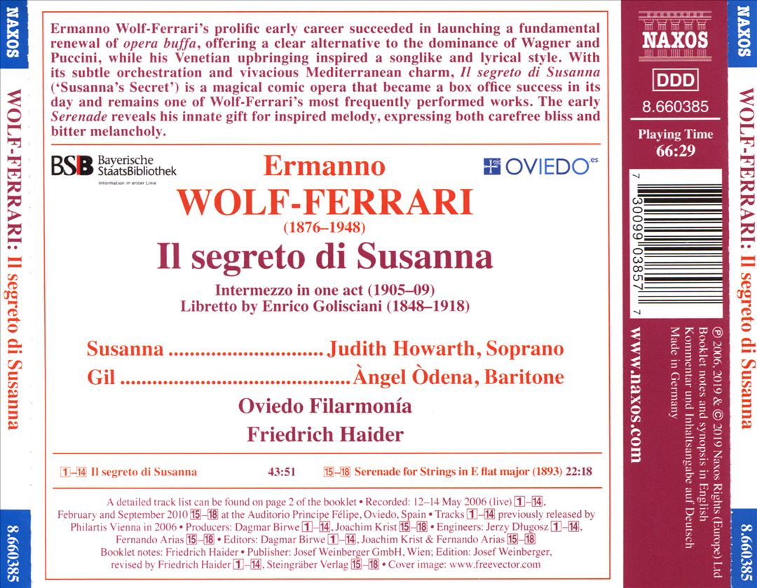 Wolf-Ferrari: Il Segreto di Susanna; Serenade for Strings cover art