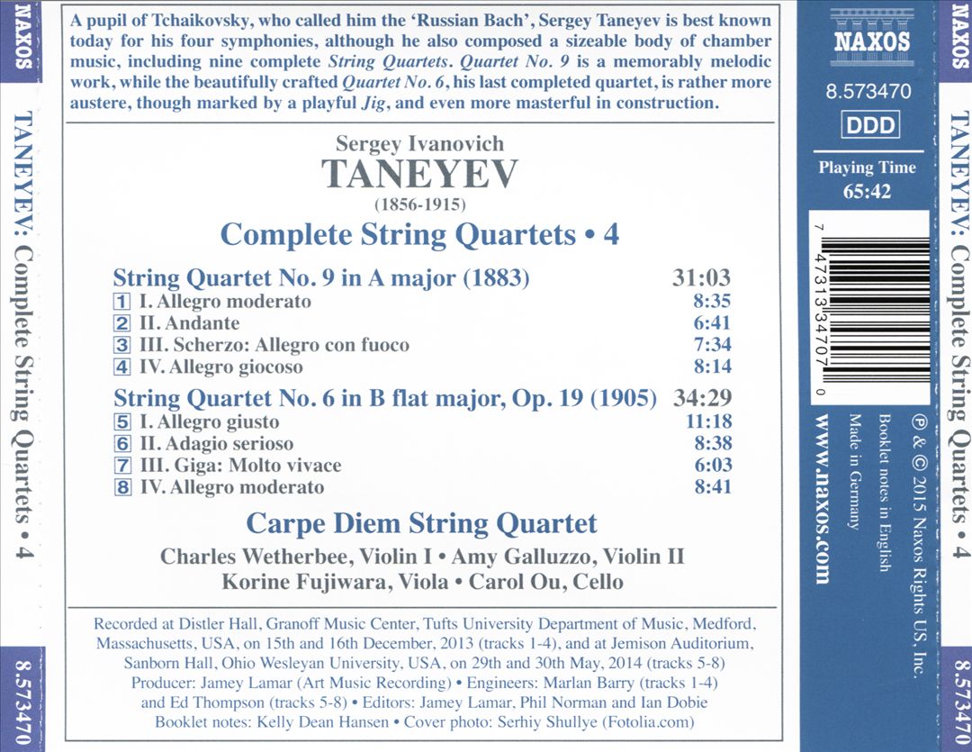 Taneyev: Complete String Quartets, Vol. 4 - String Quartets Nos. 6 and 9 cover art