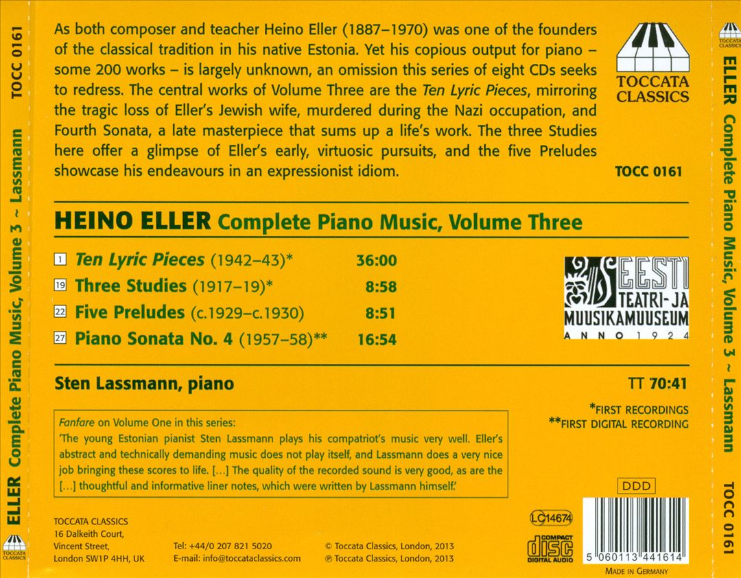 Heino Eller: Complete Piano Music, Vol. 3 cover art