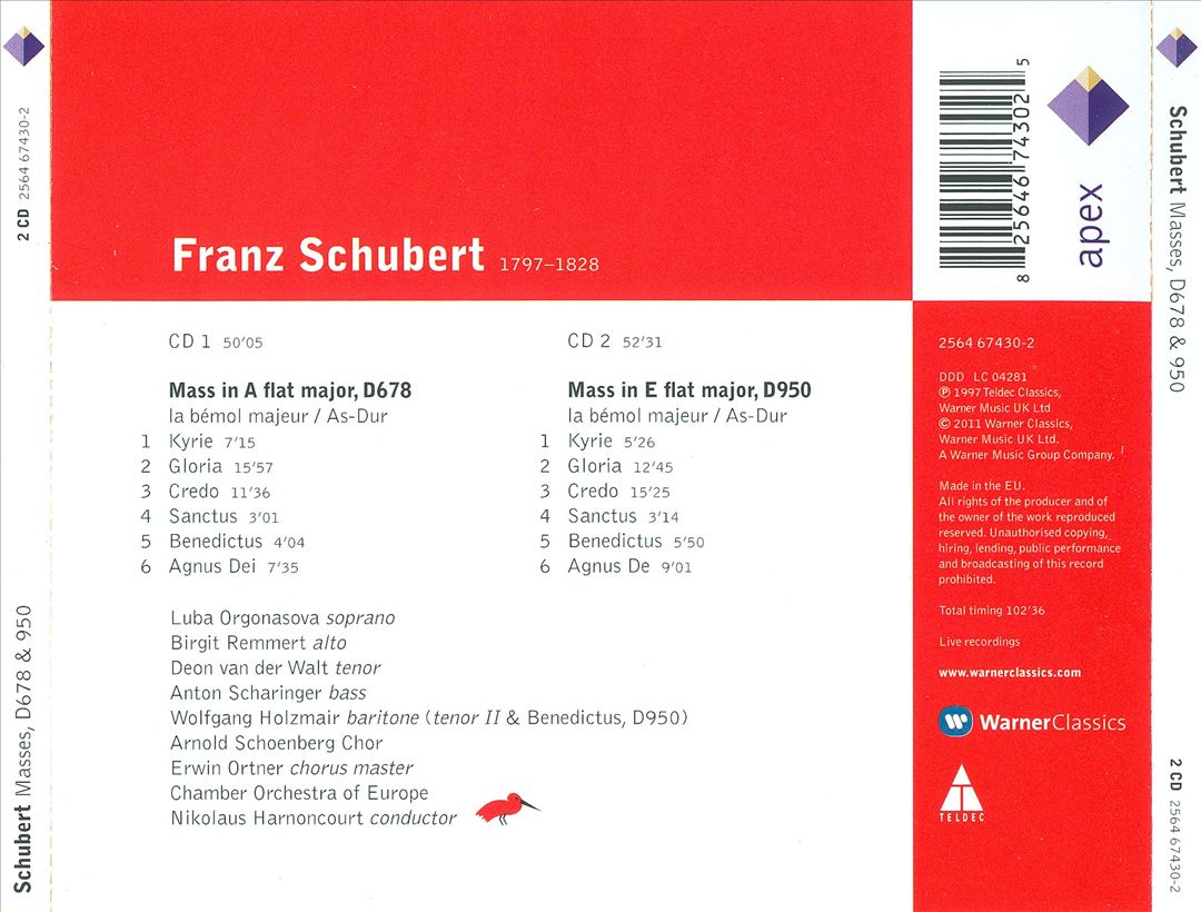 Schubert: Mass in A flat major, D678 "Missa Solemnis"; Mass in E flat major, D950 "Missa solemnis" cover art