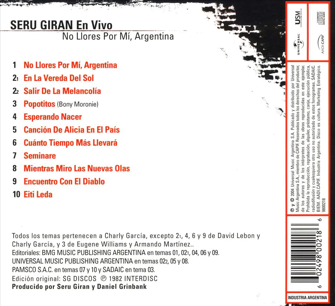 En Vivo: No Llores por Mi, Argentina cover art