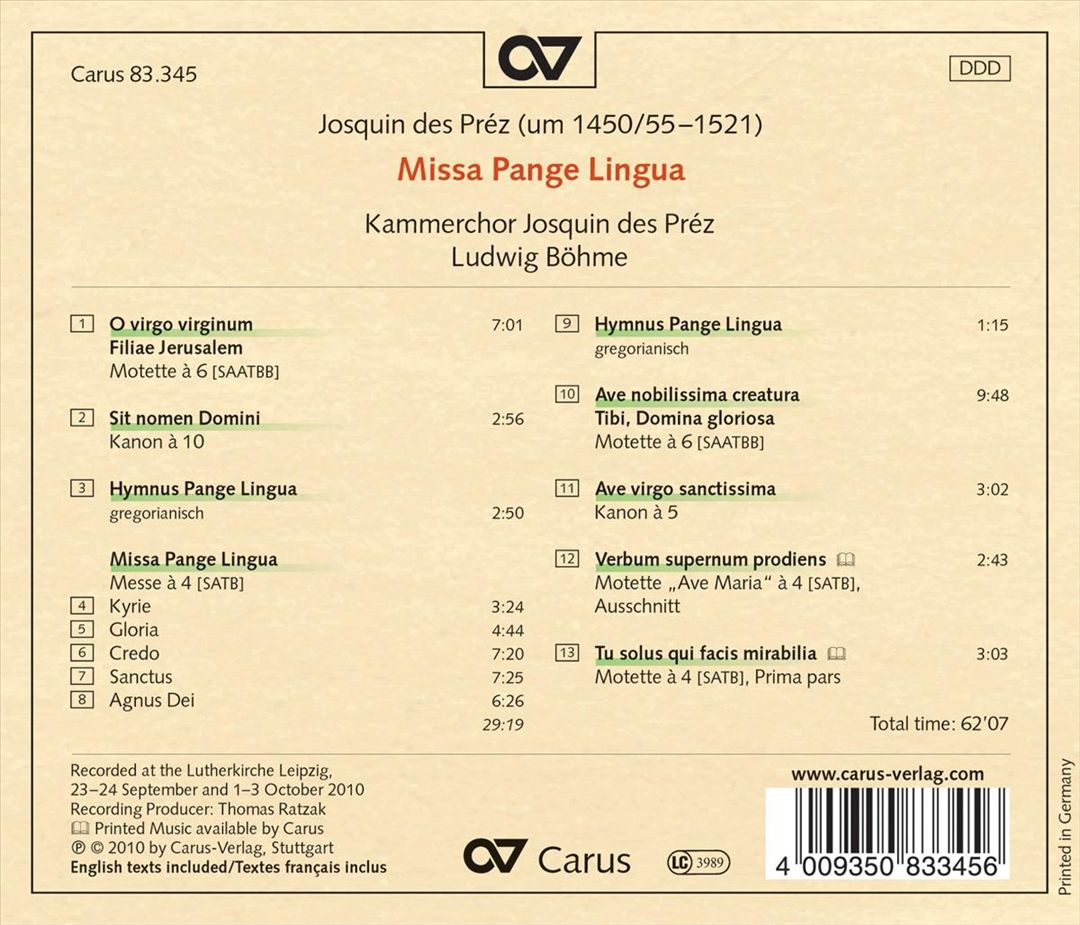Josquin Despréz: Missa Pange Lingua cover art