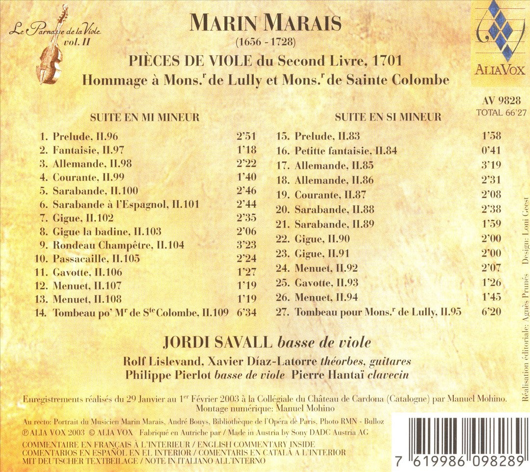 Marin Marais: Pièces de Viole du Second Livre, 1701 cover art