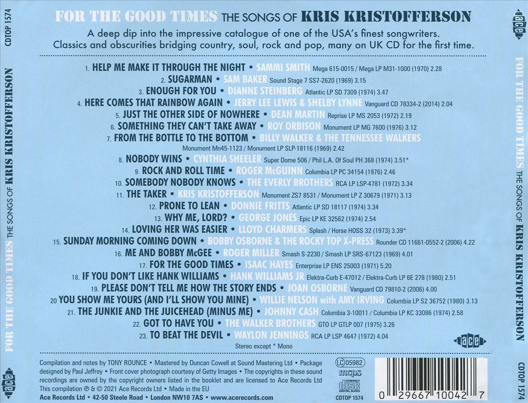 For the Good Times: Songs of Kris Kristofferson cover art