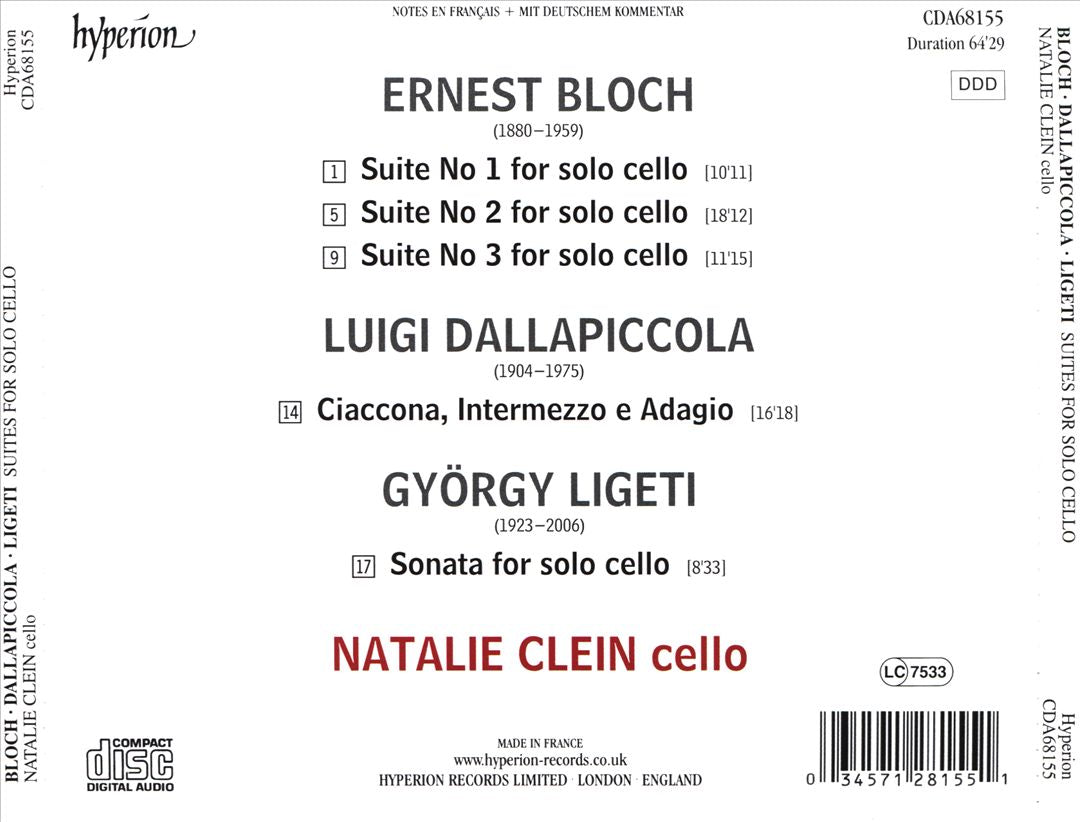 Bloch: Suites for Solo Cello; Dallapiccola: Ciaccona, Intermezzo e Adagio; Ligeti: Sonata for Solo Cello cover art