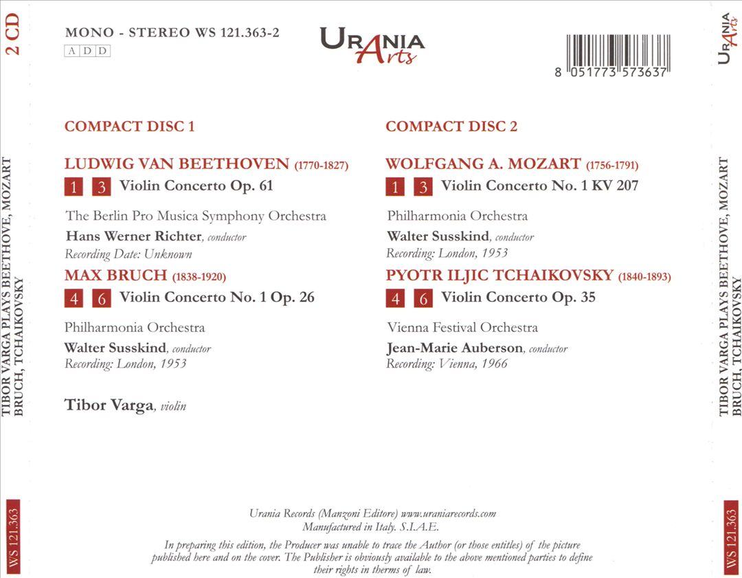 Violin Concertos: Mozart, Beethoven, Bruch, Tchaikovsky cover art