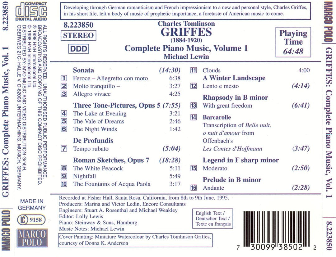 Griffes: Three Tone-Pictures Op. 5; De Profundis; Sonata; Roman Sketches Op. 7 cover art