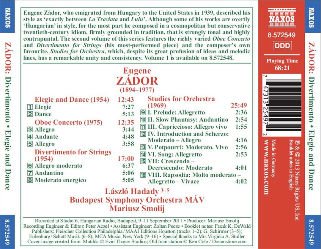 Eugene Zádor: Divertimento; Elegie and Dance; Oboe Concerto; Studies for Orchestra cover art