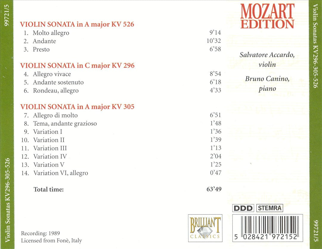 Mozart: Violin Sonatas KV 296, 305, 526 cover art