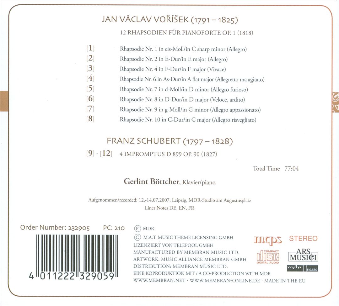 Vorísek: Rhapsodies; Schubert: Impromptus cover art