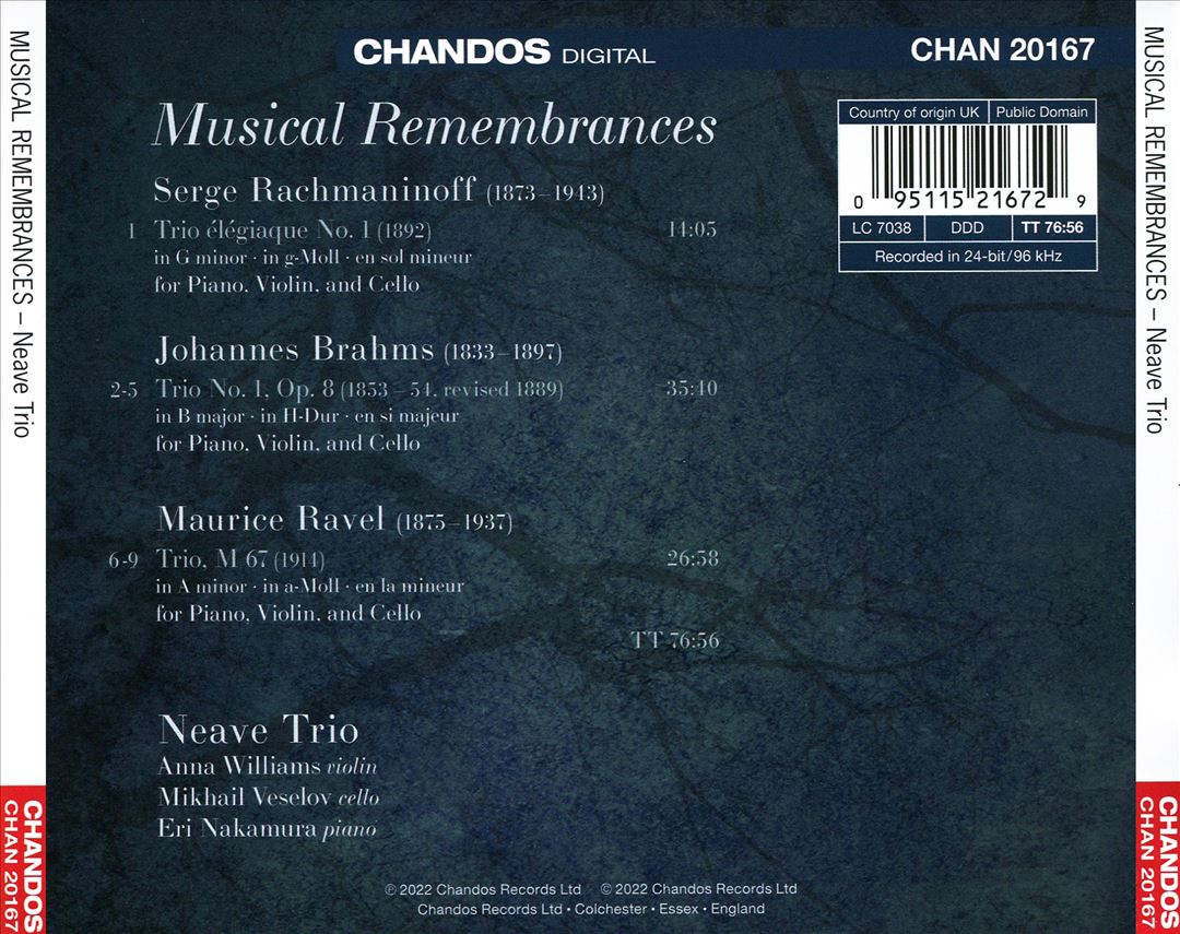 Musical Remembrances: Rachmaninoff, Brahms, Ravel cover art