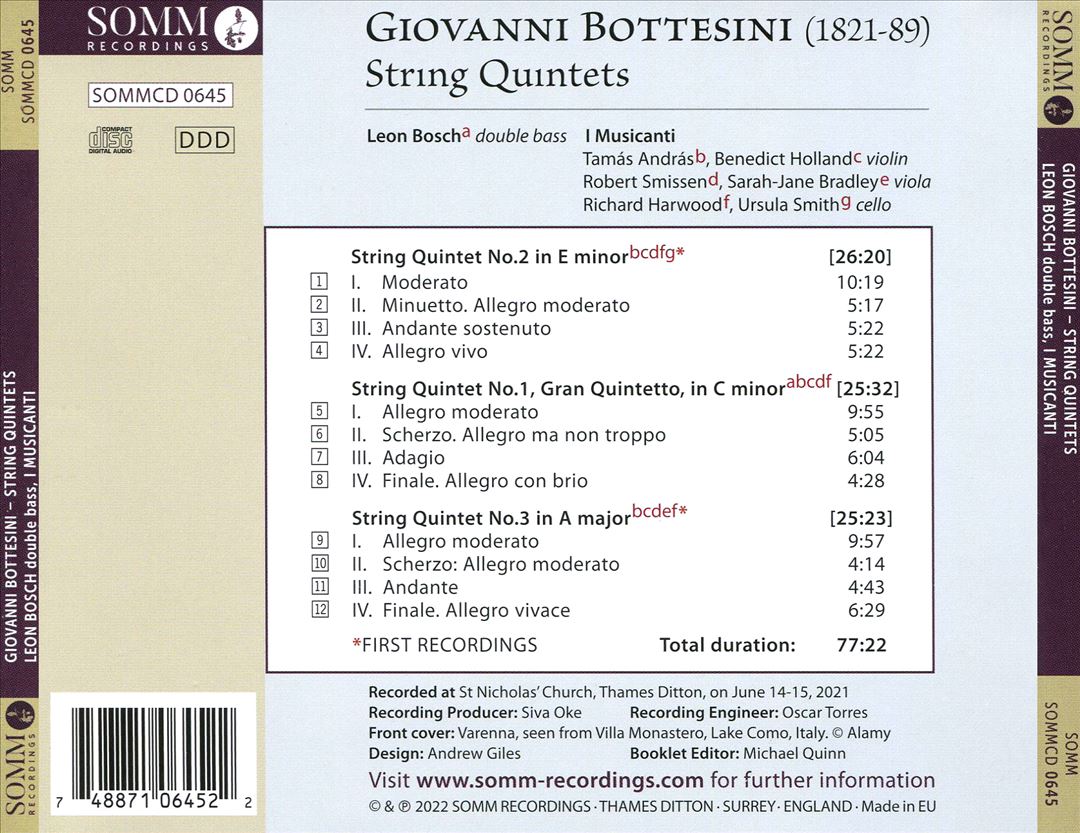 Giovanni Bottesini: String Quintets in E minor and A major; Gran Quintetto in C minor cover art