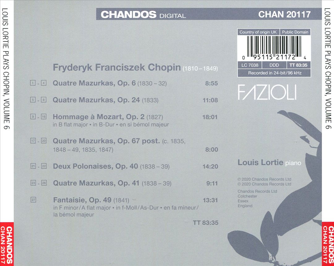 Louis Lortie plays Chopin, Vol. 6: Variations, Mazurkas, Polonaises, Fantasie cover art