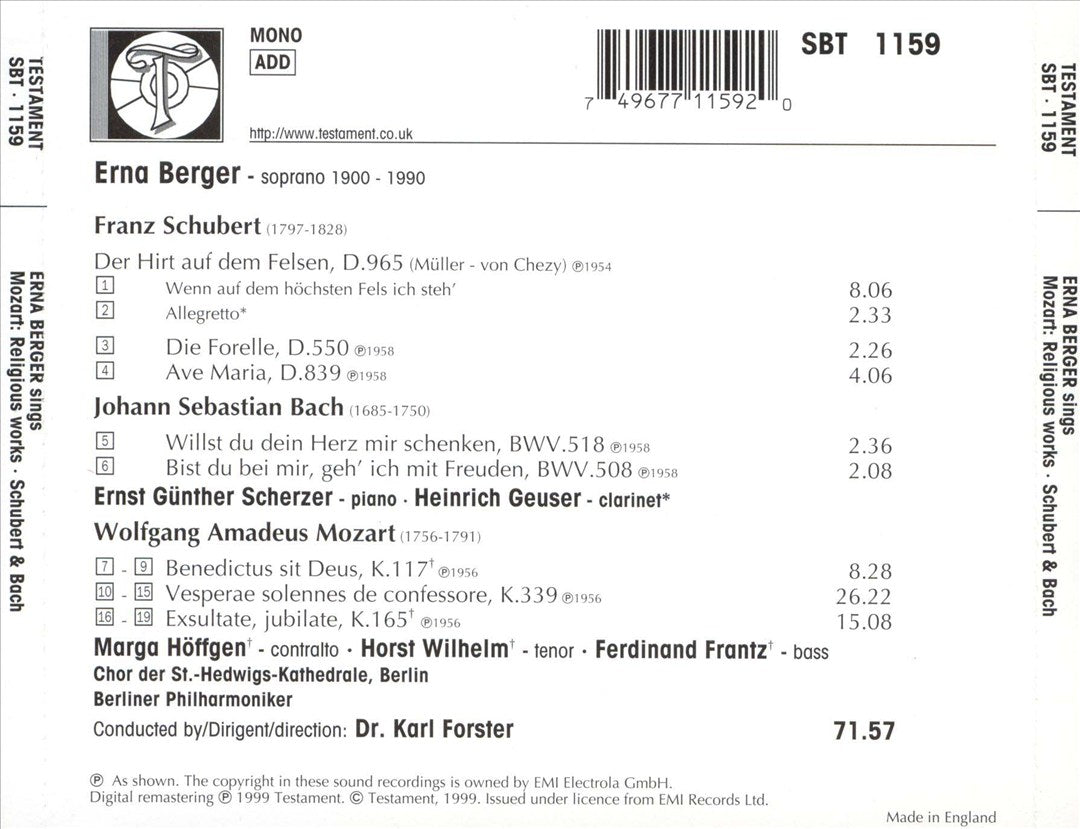 Erna Berger Sings Mozart, Schubert & Bach cover art