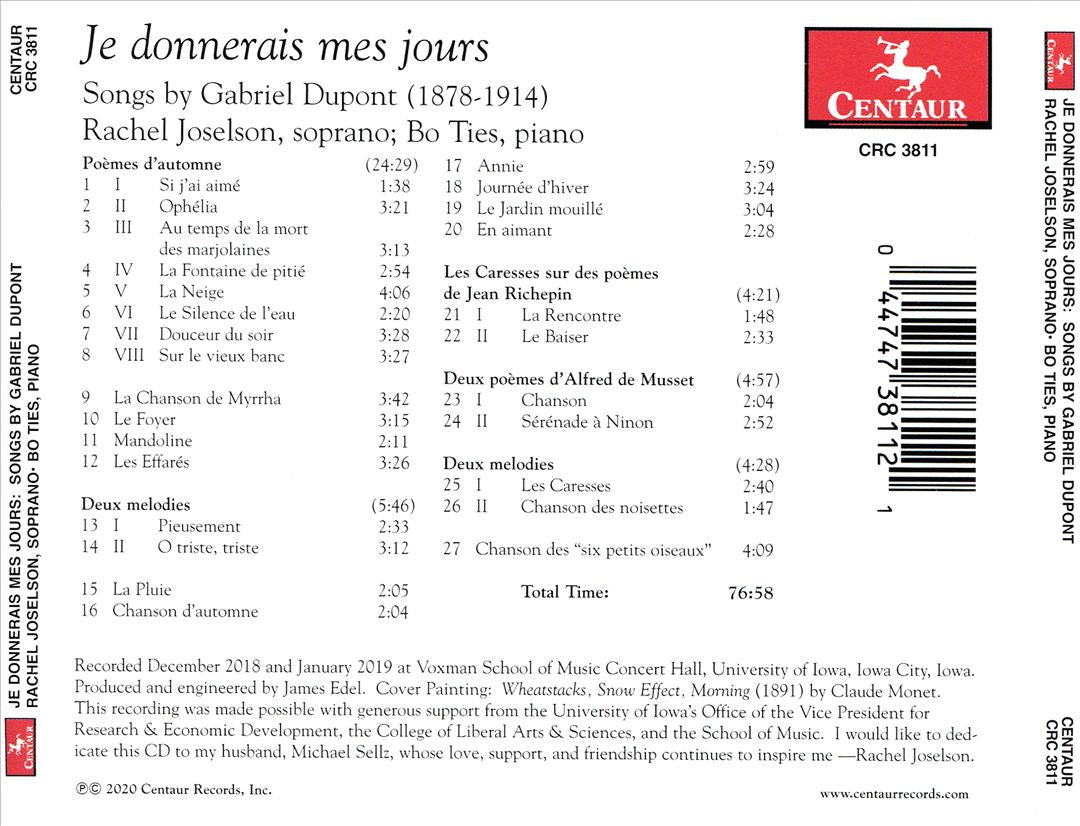 Je donnerais mes jours: Songs by Gabriel Dupont cover art